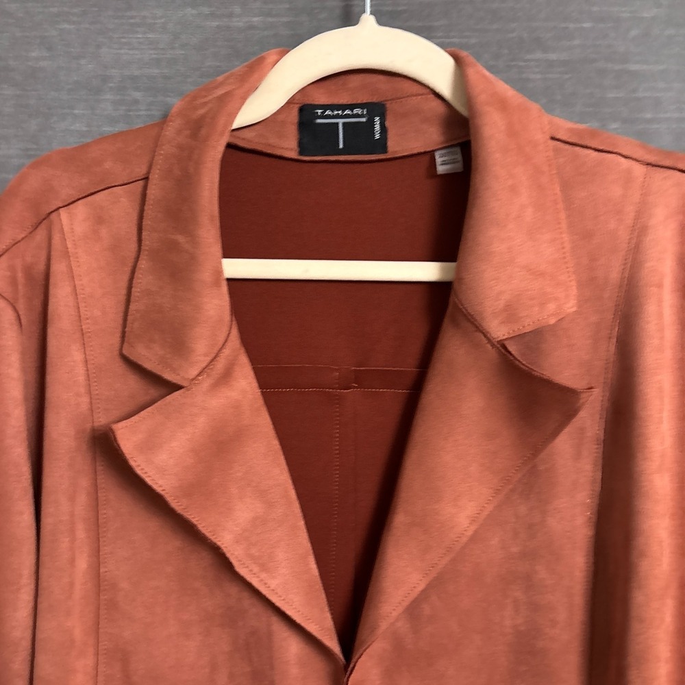 Tahari Jacket 2X Rust Red Orange Washable Faux Suede Midi Open Blazer Career - Picture 2 of 11